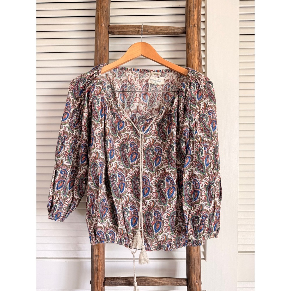 Denim Supply Ralph Lauren Paisley Print Tie Neck Blouse‎ Womens XS Cotton Boho
